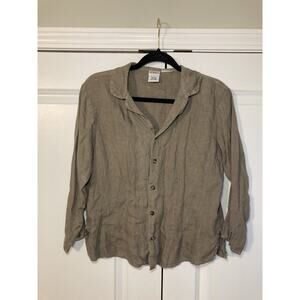 Vintage CP Shades Beige Brown Pure Irish Linen Button Up Top Blouse Size Small